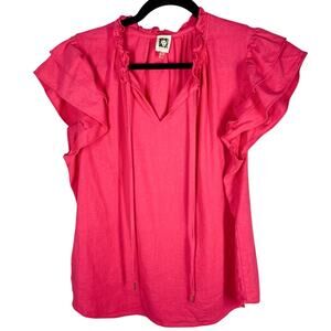 Anne Klein, Size Large, Bright Pink Linen Blend Blouse, Flutter Sleeves, Gold